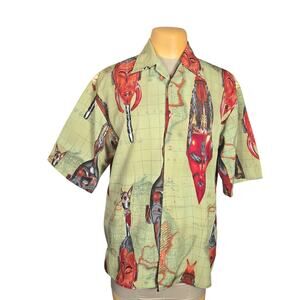 Raider Jeans Co Shirt Mens Medium Button Up Shirt Green Tribal Masks Vacation